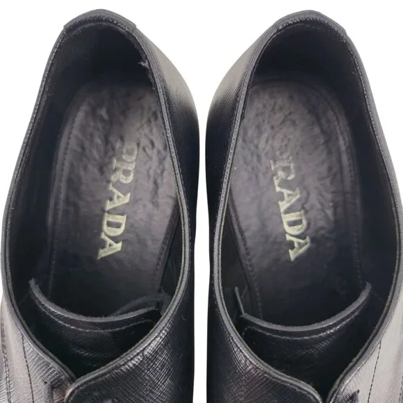 Prada Italian Saffiano Black Leather Dress Shoes Mens 8.5 Luxury Formal Oxfords - Picture 7 of 14